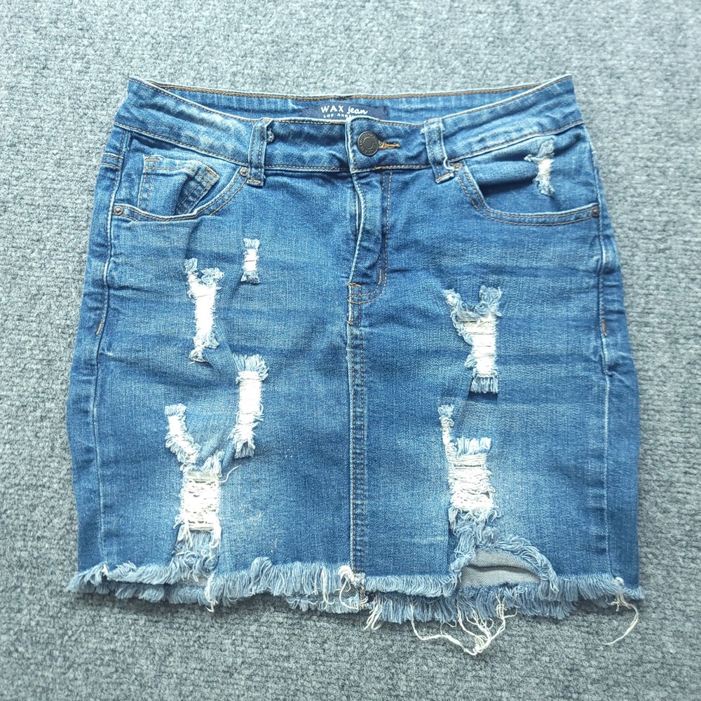 Wax Jean Los Angeles Distressed Denim Mini Skirt Dark Wash Frayed Hem 90114 S
